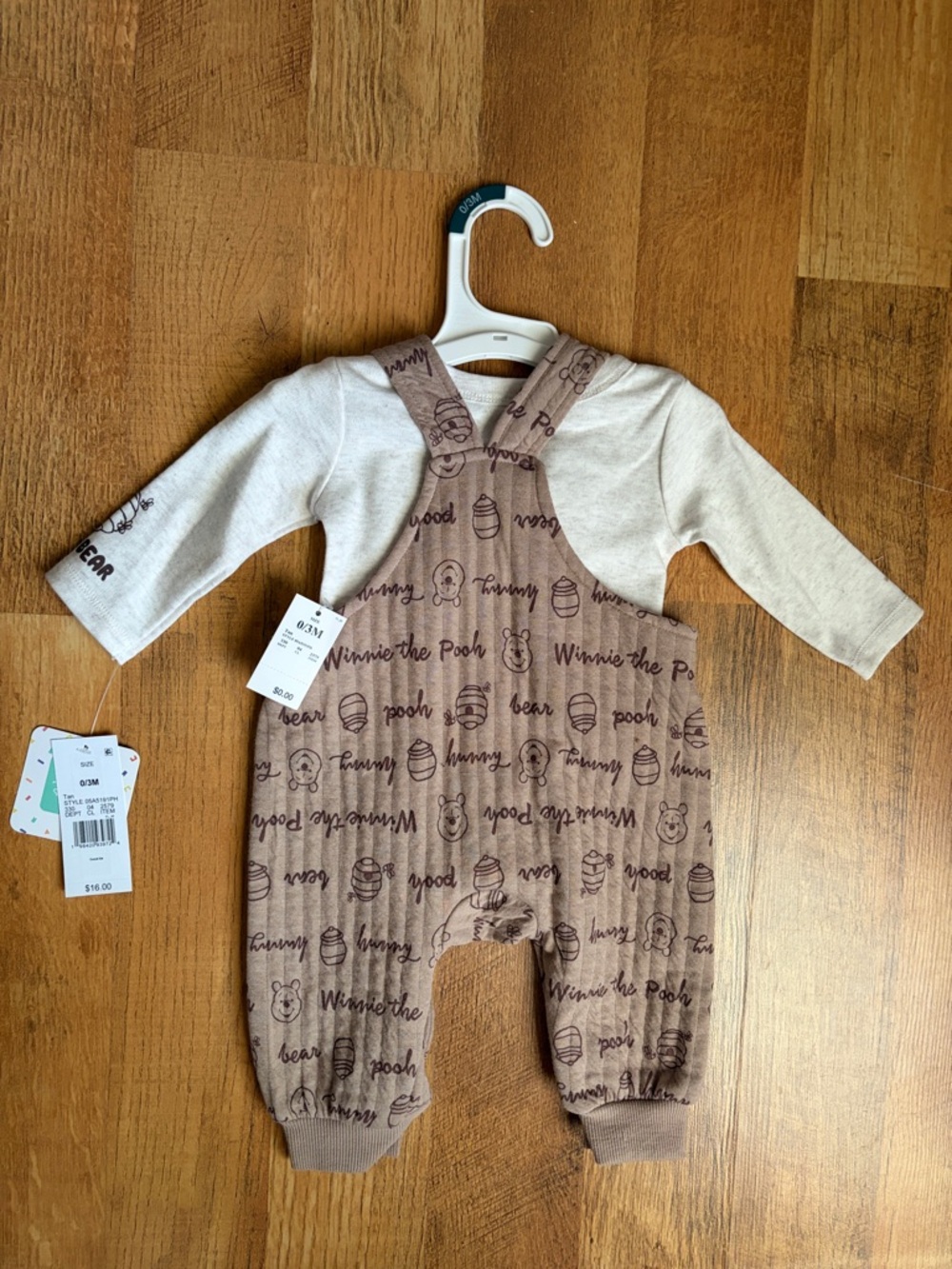 Baby 2pc Disney Winnie The Pooh Long Sleeve Bodysuit & Overalls Set - Tan 0-3M - Picture 7 of 8